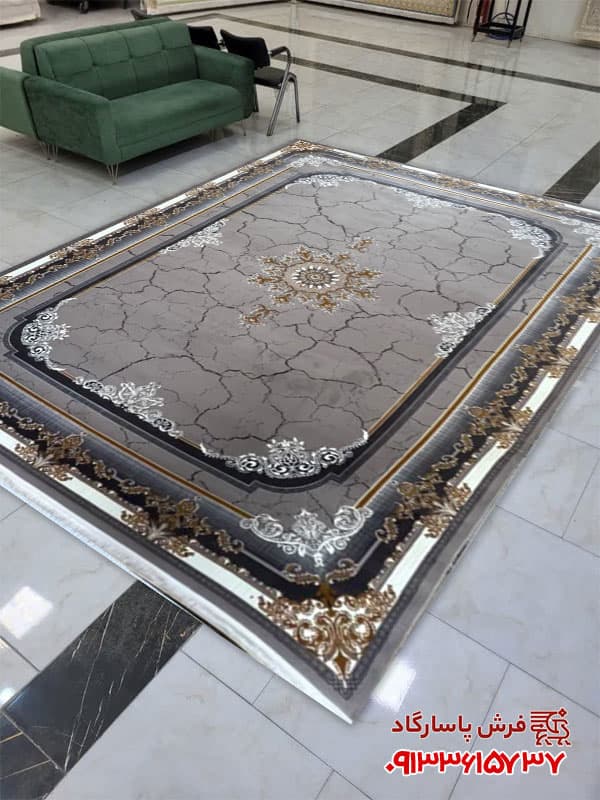 فرش طوسی طلایی وینتیج 700 شانه طرح سیما نقره ای