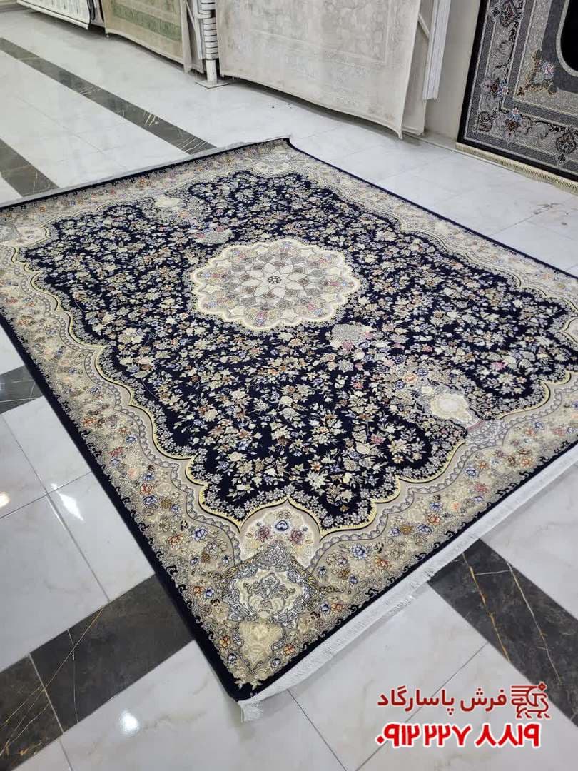 فرش سرمه ای جدید باغ گل زمینه 1200 شانه تراکم 3600 — تصویر ۳
