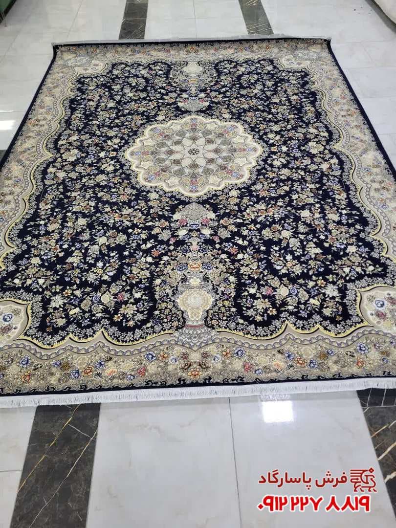 فرش سرمه ای جدید باغ گل زمینه 1200 شانه تراکم 3600 — تصویر ۱۰