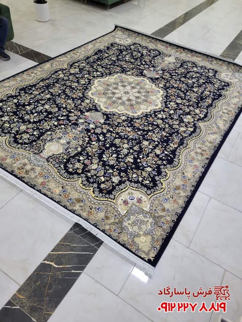 فرش سرمه ای جدید باغ گل زمینه 1200 شانه تراکم 3600