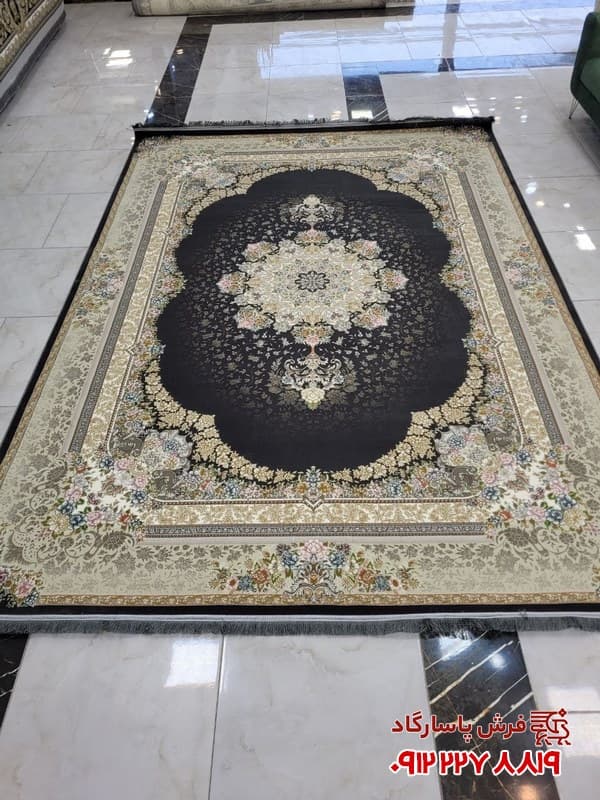 طرح دیان فرش طوسی سرمه ای 700 شانه گل برجسته کاشان — تصویر ۴