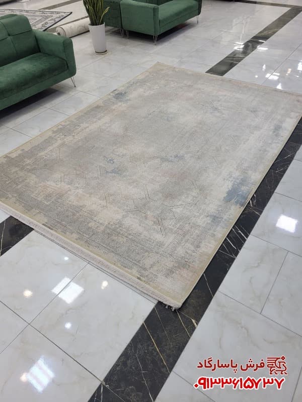 فرش وینتیج نقره ای آبی 1200 شانه گل برجسته