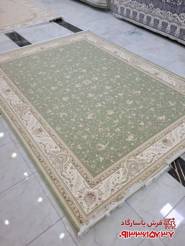 فرش ماشینی سبز طرح درباری 1500 شانه افشان