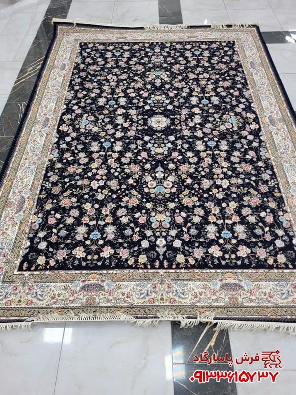 فرش افشان گل رنگی 1200 شانه طرح سعادت سرمه ای — تصویر ۴