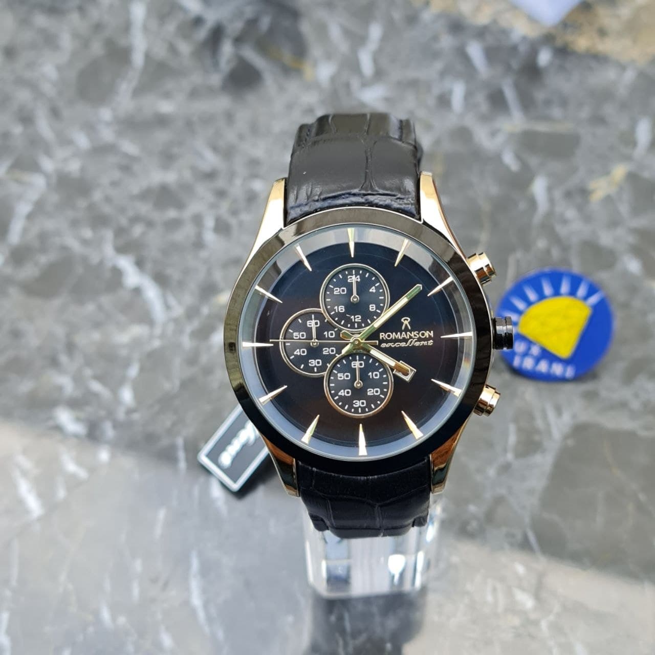ساعت رومانسون الگانس کد 4712 بند چرم قاب مشکی و طلایی صفحه مشکی — تصویر ۸