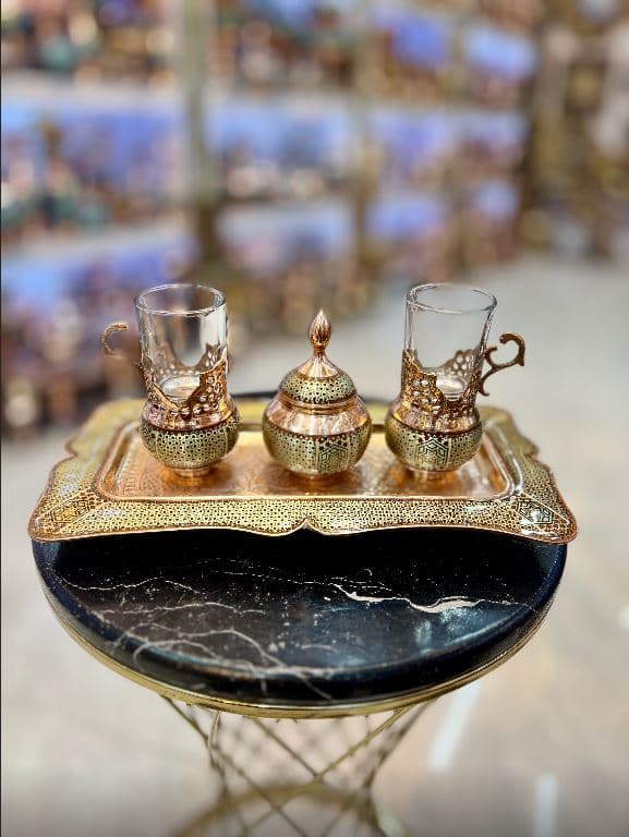 ست چایخوری دو نفره مس و خاتم سیم برنجی — تصویر ۵