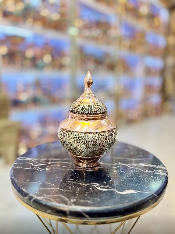 قندان بدون پایه مدل سیبی متوسط مس و خاتم سیم برنجی