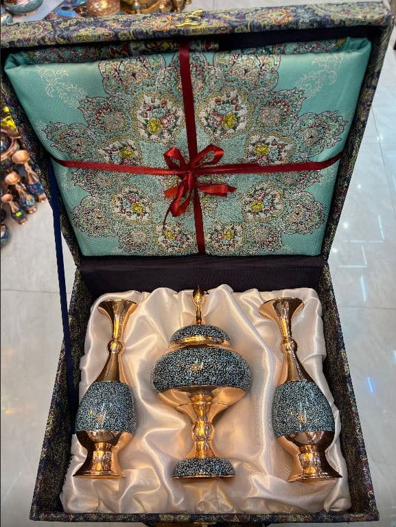 ست شکلات خوری و گلدان فیروزه کوبی و جعبه ترمه
