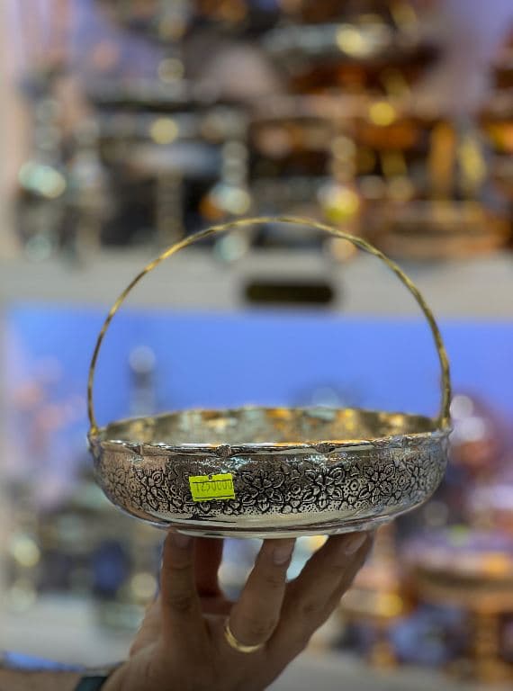 شکلات خوری دسته زنبیلی مسی چکشی آب کروم