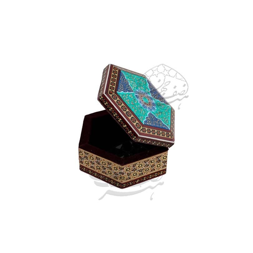 جعبه جواهری خاتم و تذهیب اعلا شش گوش — تصویر ۳