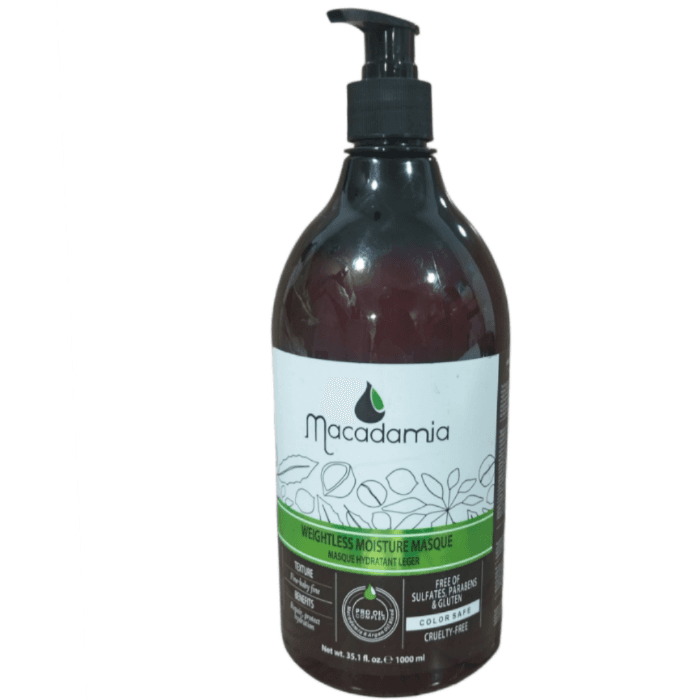 ماسک مو داخل حمام پمپی ماکادامیا مخصوص موهای اسیب دیده و رنگ شده تثبیت کننده رنگ مو macadamia weghtless moisture masque حجم 1000 میل