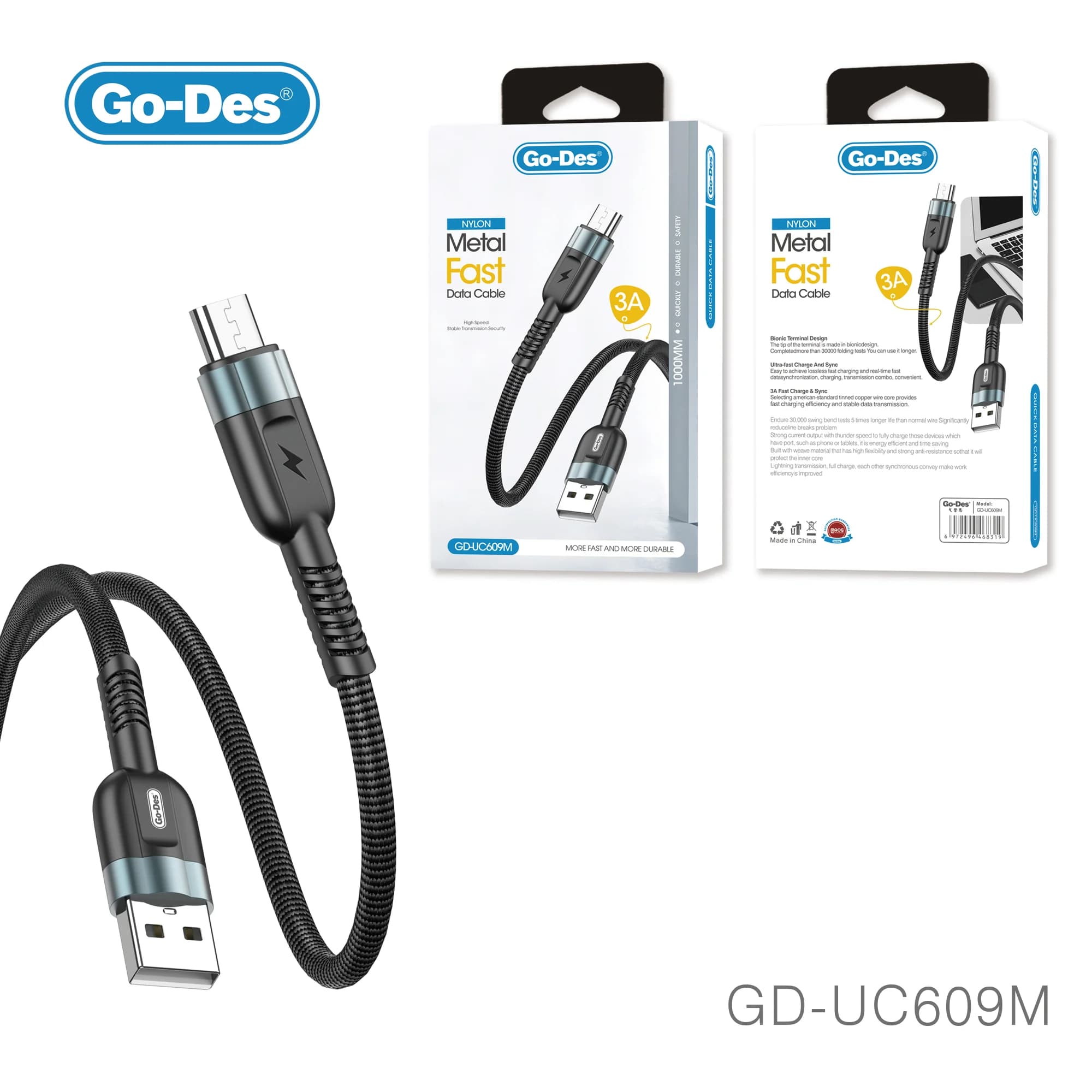کابل شارژ و انتقال داده Micro USB به USB Go-Des GD-UC609M | کابل فست شارژ 3 آمپر با روکش نایلونی