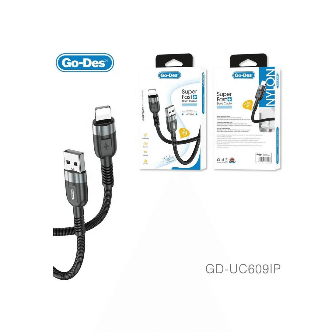 کابل شارژ و انتقال داده Lightning به USB Go-Des GD-UC609IP | کابل فست شارژ 3 آمپر با روکش نایلونی