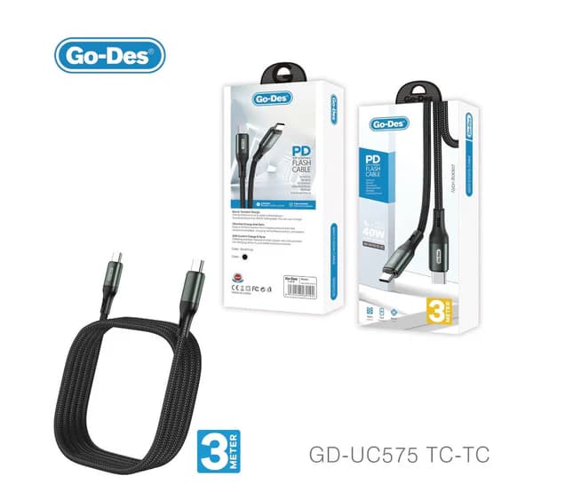 کابل شارژ سریع Type-C به Type-C Go-Des GD-UC575 TC-TC | کابل PD 60W سه متری با روکش بافته شده