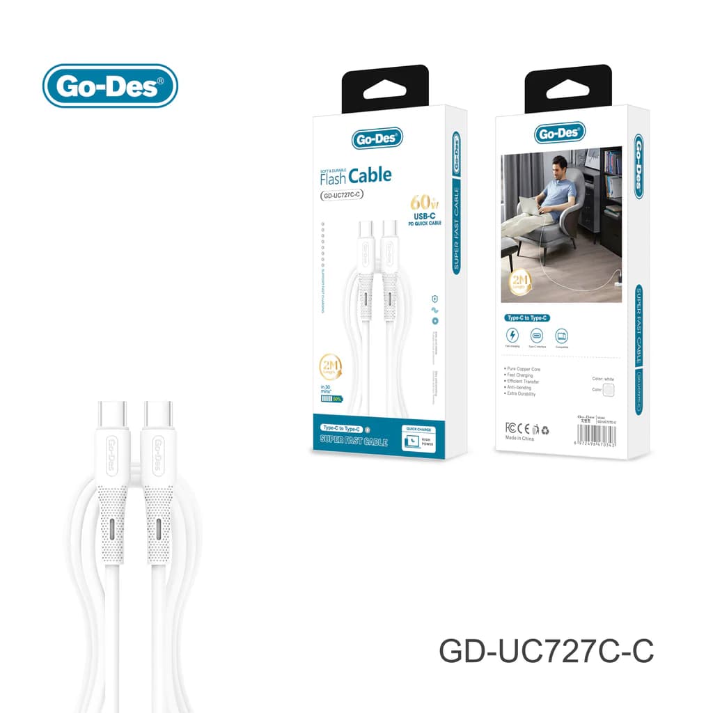 کابل شارژ سریع Type-C به Type-C Go-Des GD-UC727 C-C | کابل 60 وات PD با طول 2 متر — تصویر ۲