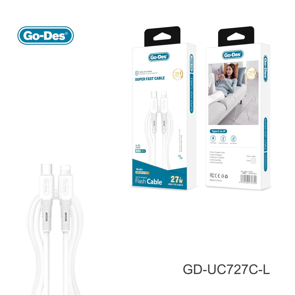 کابل شارژ سریع Type-C به Lightning Go-Des GD-UC727 C-L | کابل 27 وات PD با طول 2 متر — تصویر ۲