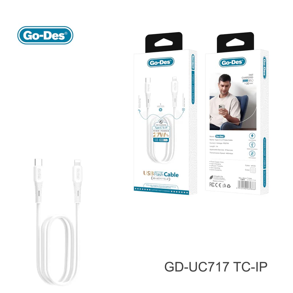 کابل شارژ سریع Type-C به Lightning Go-Des GD-UC717 TC-IP | کابل PD 27W انتقال داده و شارژ آیفون — تصویر ۵