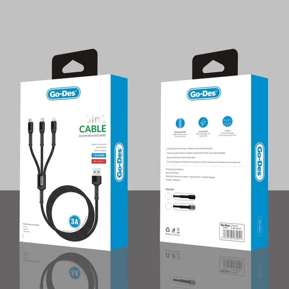 کابل شارژ 3 در 1 Go Des GD-UC511 | کابل Type-C، Lightning و Micro USB با شارژ سریع 3 آمپر — تصویر ۷