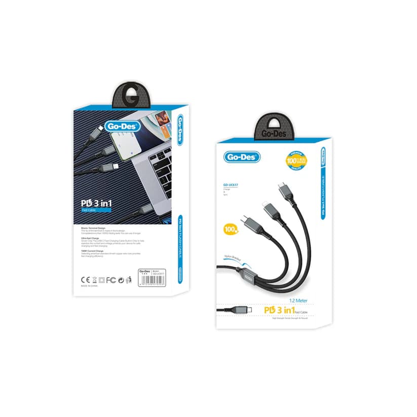 کابل شارژ فوق سریع 3 در 1 Go-Des GD-UC617 | کابل Type-C به Lightning و Type-C با توان 100 وات PD — تصویر ۴