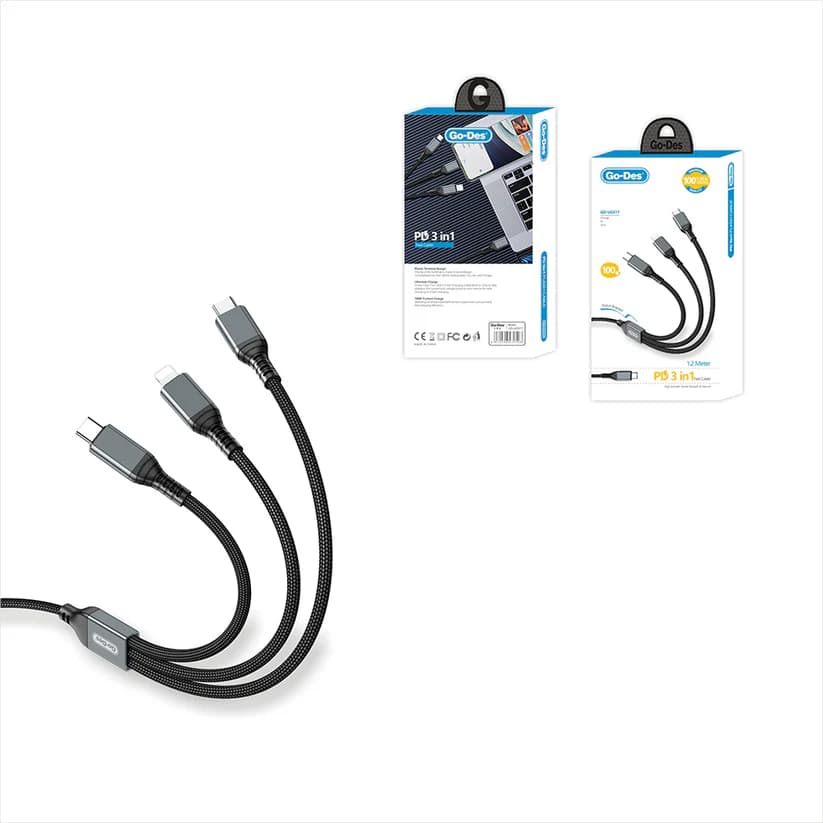کابل شارژ فوق سریع 3 در 1 Go-Des GD-UC617 | کابل Type-C به Lightning و Type-C با توان 100 وات PD — تصویر ۹
