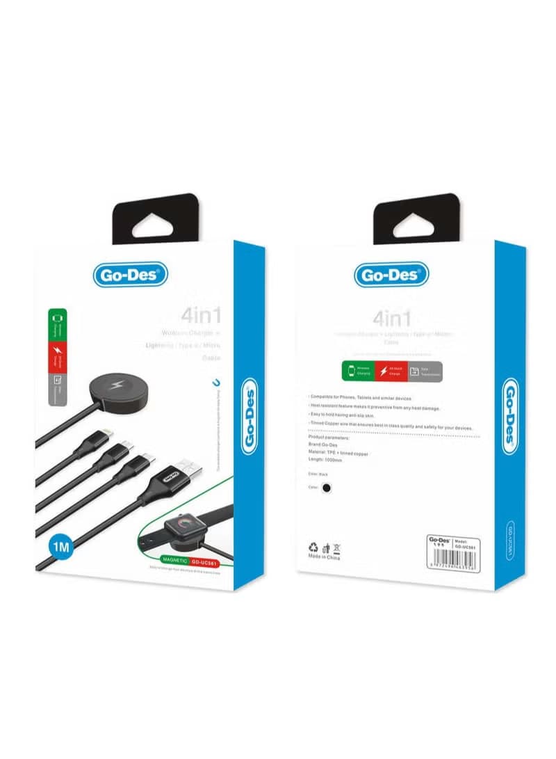 کابل شارژ 4 در 1 Go Des GD-UC561 | کابل چندکاره Type-C، Lightning، Micro USB و شارژر ساعت هوشمند — تصویر ۹