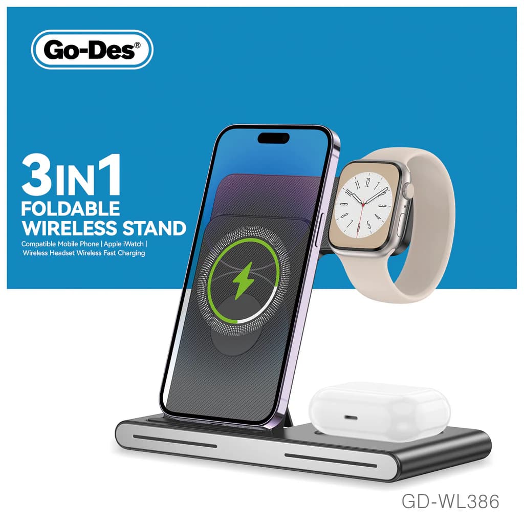 استند شارژر بی‌سیم 3 در 1 Go-Des GD-WL386S | شارژ همزمان موبایل، ساعت هوشمند و هندزفری با توان 15 وات — تصویر ۴