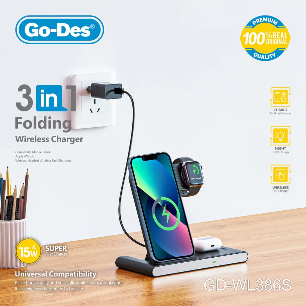 استند شارژر بی‌سیم 3 در 1 Go-Des GD-WL386S | شارژ همزمان موبایل، ساعت هوشمند و هندزفری با توان 15 وات — تصویر ۵