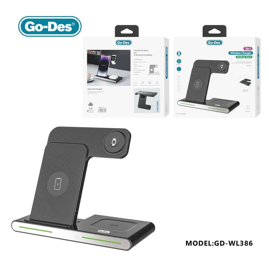 استند شارژر بی‌سیم 3 در 1 Go-Des GD-WL386S | شارژ همزمان موبایل، ساعت هوشمند و هندزفری با توان 15 وات — تصویر ۷