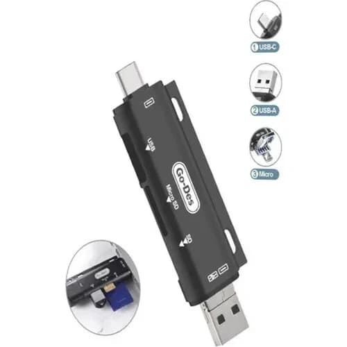 کارت خوان OTG سه کاره گو-دس مدل Go-Des GD-DK108 | رم ریدر SD و MicroSD با USB، Type-C و Micro USB — تصویر ۳