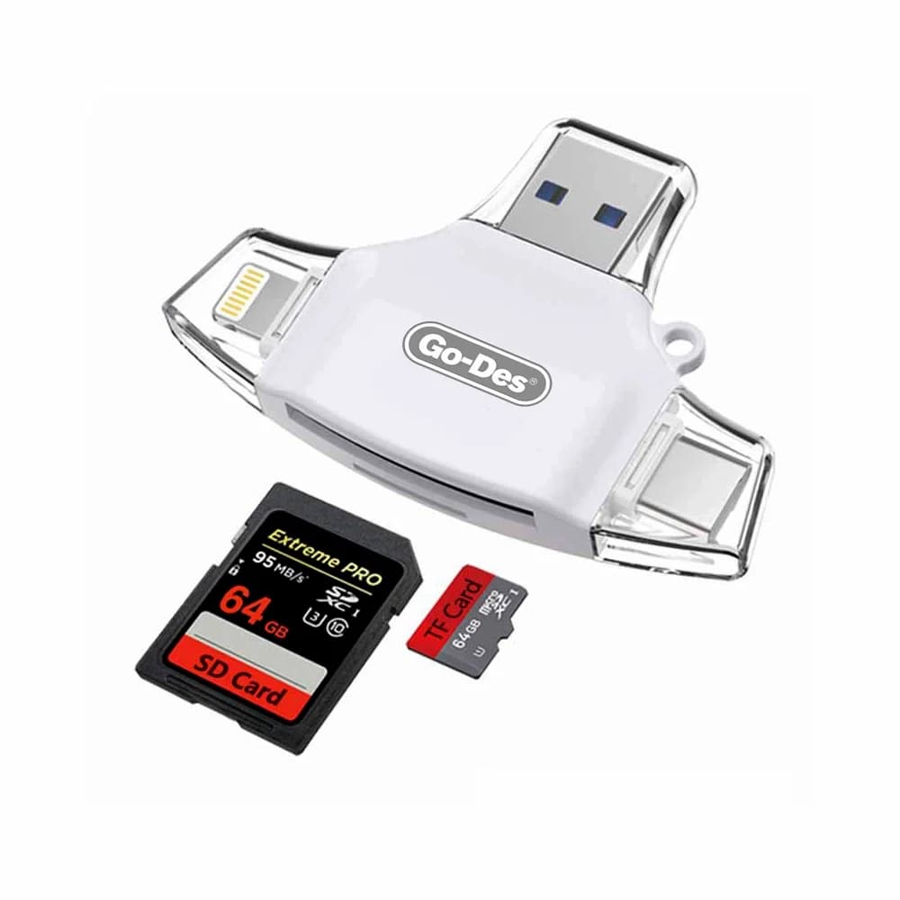 کارت‌خوان 4 در 1 گو-دس مدل Go-Des GD-DK103 | کارت‌خوان SD و TF با پشتیبانی از Lightning، USB-C، USB-A و Micro USB