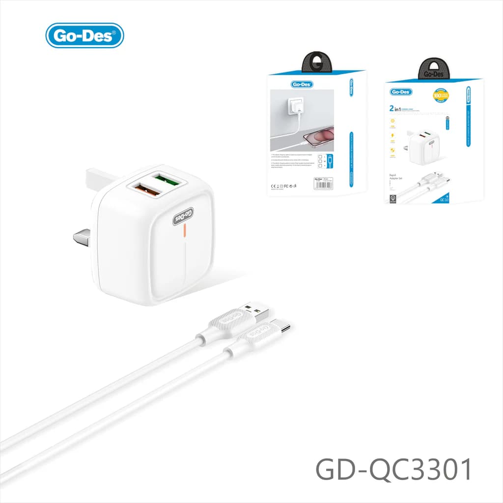 کیت شارژر فست شارژ گو-دس مدل Go-Des GD-QC3301 دو پورت QC3.0 به همراه کابل Lightning / Type-C / Micro USB — تصویر ۵