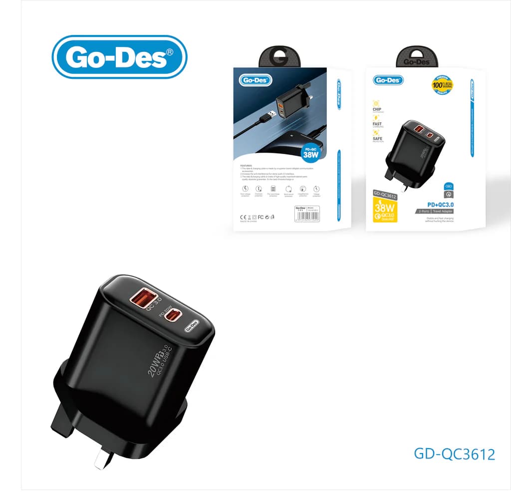 شارژر دیواری فست شارژ گو-دس مدل Go-Des GD-QC3612 توان 38 وات PD + QC3.0 — تصویر ۳
