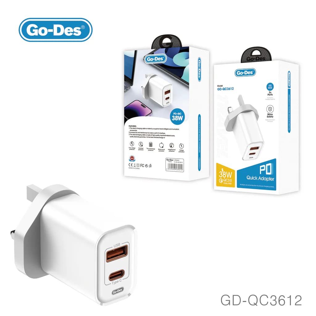 شارژر دیواری فست شارژ گو-دس مدل Go-Des GD-QC3612 توان 38 وات PD + QC3.0 — تصویر ۵