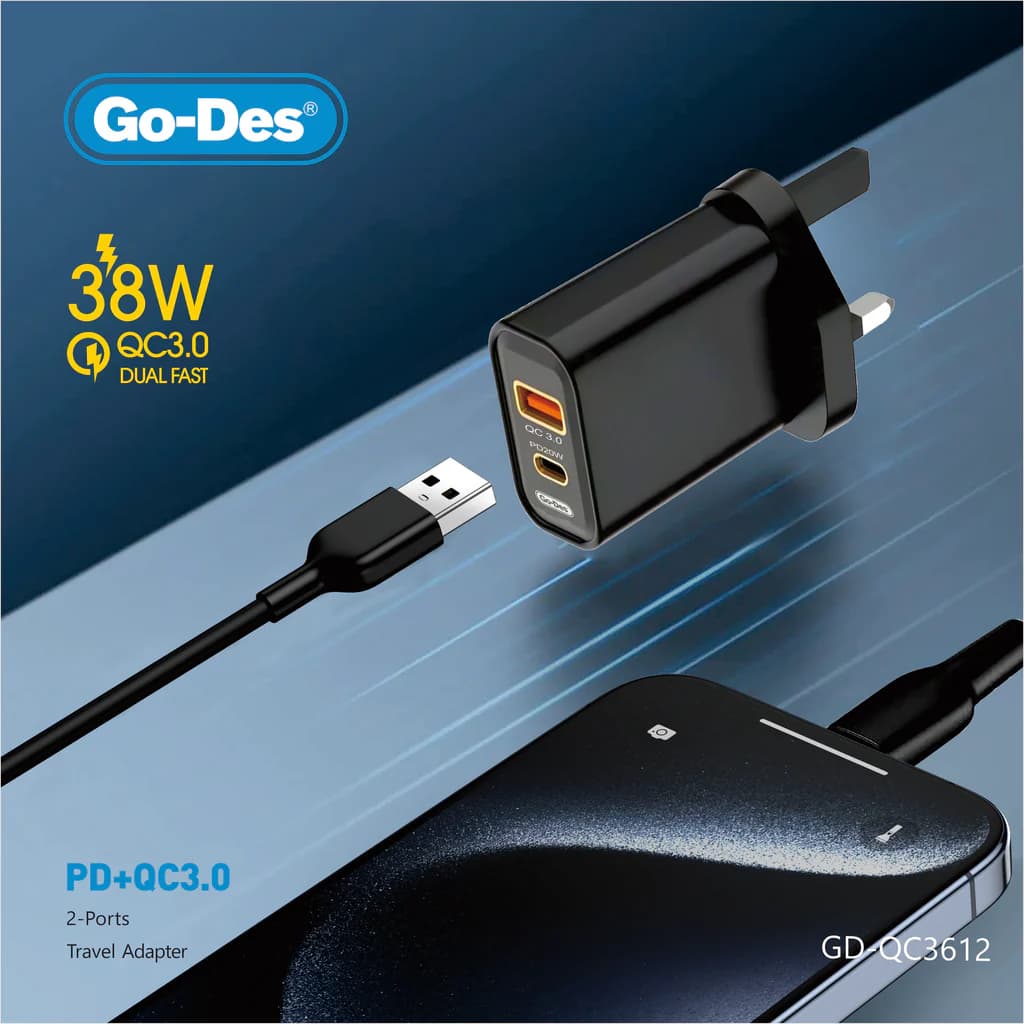 شارژر دیواری فست شارژ گو-دس مدل Go-Des GD-QC3612 توان 38 وات PD + QC3.0 — تصویر ۶
