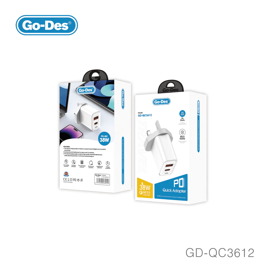 شارژر دیواری فست شارژ گو-دس مدل Go-Des GD-QC3612 توان 38 وات PD + QC3.0 — تصویر ۸