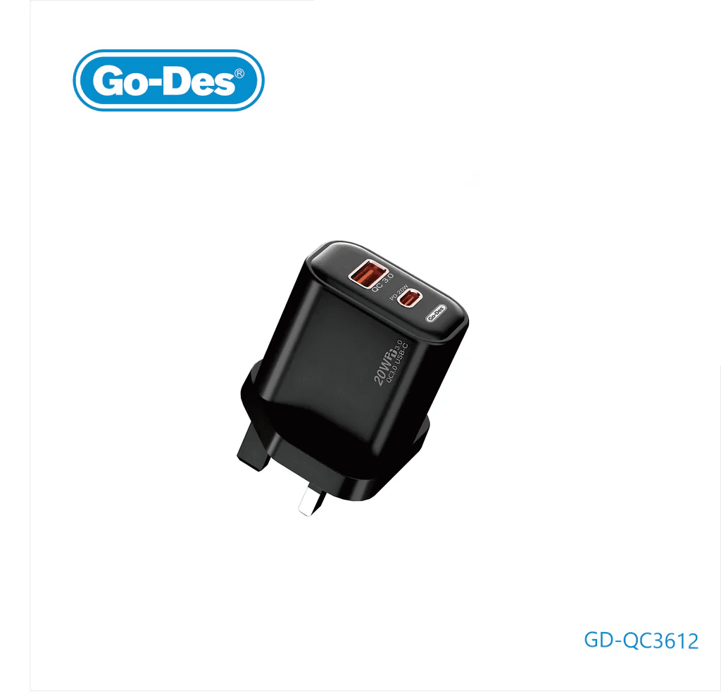 شارژر دیواری فست شارژ گو-دس مدل Go-Des GD-QC3612 توان 38 وات PD + QC3.0