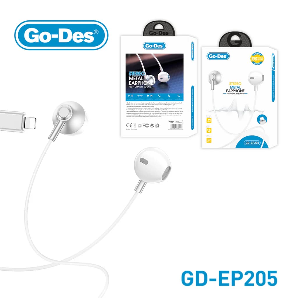 هندزفری فلزی لایتنینگ گو-دس مدل Go-Des GD-EP205 با صدای استریو Hi-Fi و حذف نویز