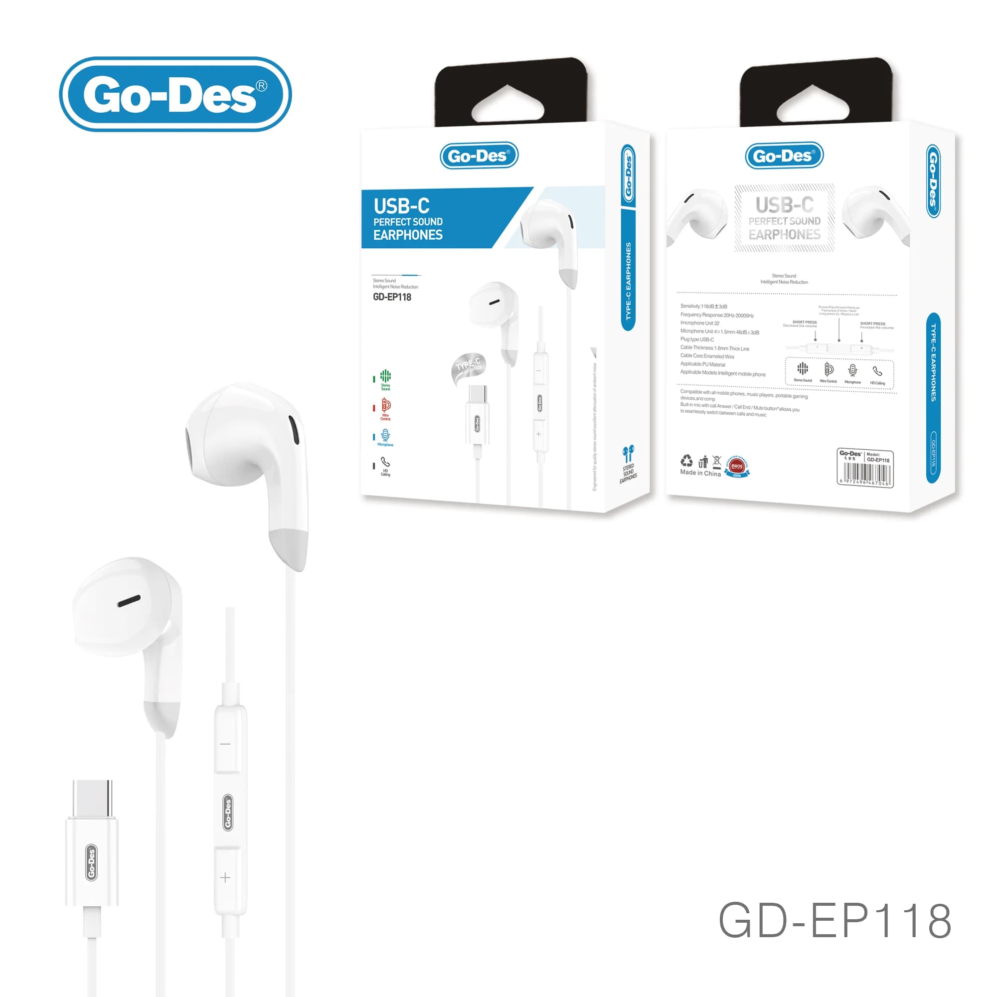 هدفون سیمی USB-C گو-دس مدل Go-Des GD-EP118 با میکروفون و حذف نویز — تصویر ۸