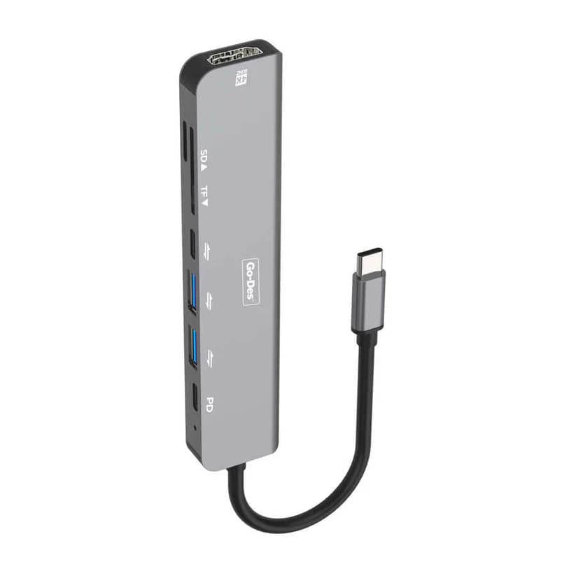 هاب USB-C 7 کاره Go-Des مدل GD-6831 با خروجی 4K HDMI، کارت‌خوان TF/SD، شارژ سریع PD و 2 پورت USB 3.0 – مناسب مک‌بوک، آیپد، گوشی و لپ‌تاپ
