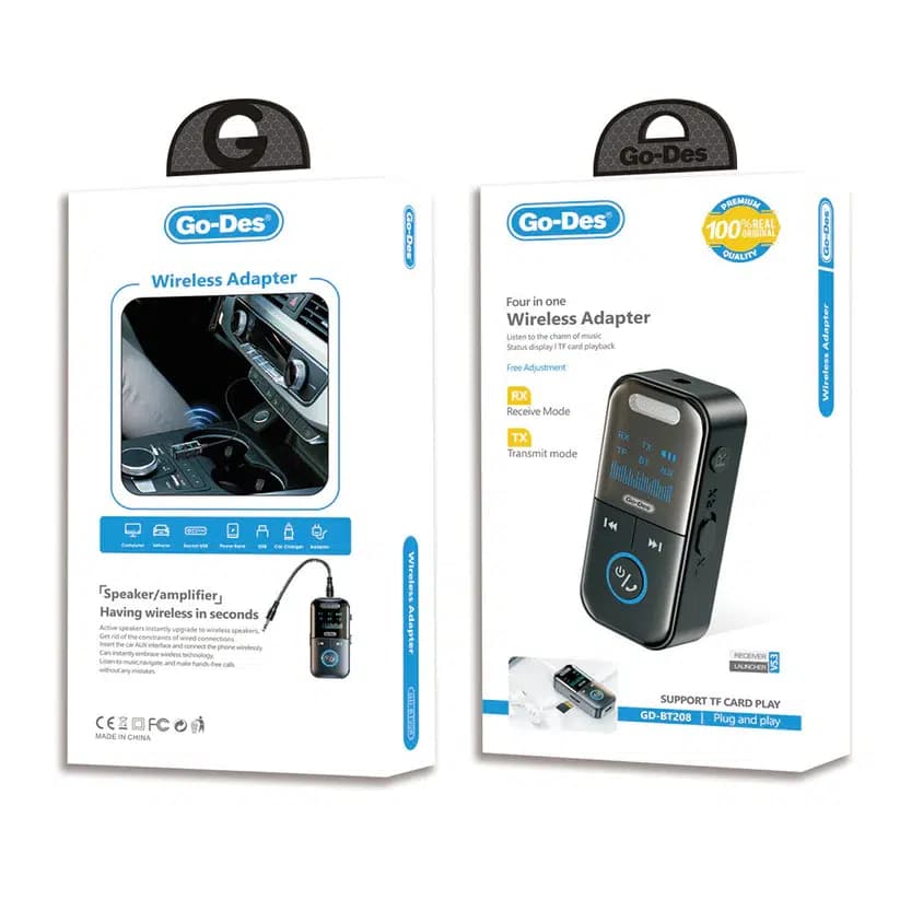 دانگل بلوتوث ۴ کاره Go-Des GD-BT208 | آداپتور بی‌سیم نسخه 5.3 با گیرنده، فرستنده، TF و AUX — تصویر ۳