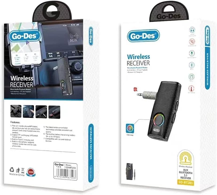 گیرنده بلوتوثی Go Des GD-BT203 | تبدیل اسپیکر و ضبط خودرو به بلوتوث با ورودی AUX و بلوتوث 5.3 — تصویر ۳