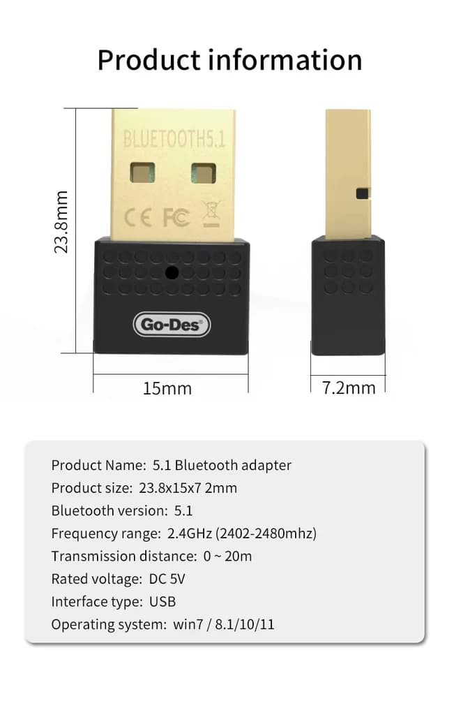 مبدل بلوتوث USB Go-Des GD-BT112 | اتصال بیسیم برای هدفون، موس و کیبورد — تصویر ۳