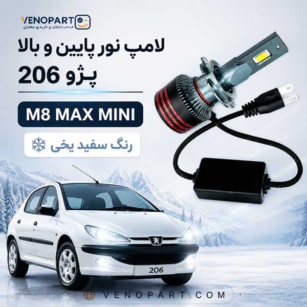 هدلایت مناسب نور پایین و نور بالا پژو 206 مدل M8 MAX MINI اورجینال چیپ CSP | گارانتی (2عددی)1130 — تصویر ۴