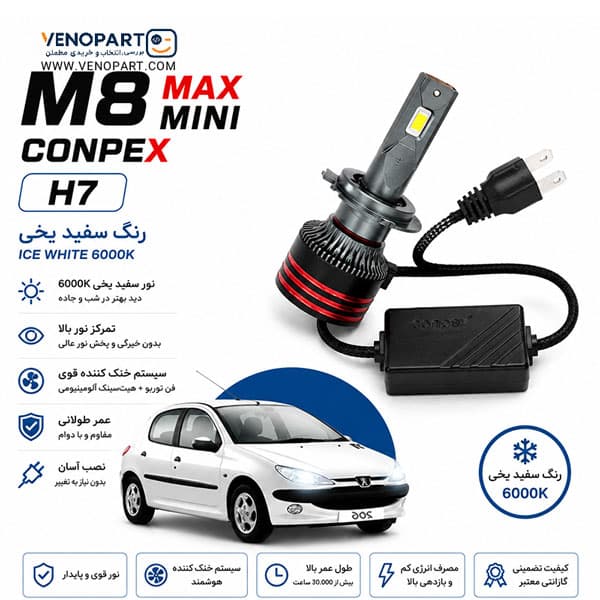 هدلایت مناسب نور پایین و نور بالا پژو 206 مدل M8 MAX MINI اورجینال چیپ CSP | گارانتی (2عددی)1130