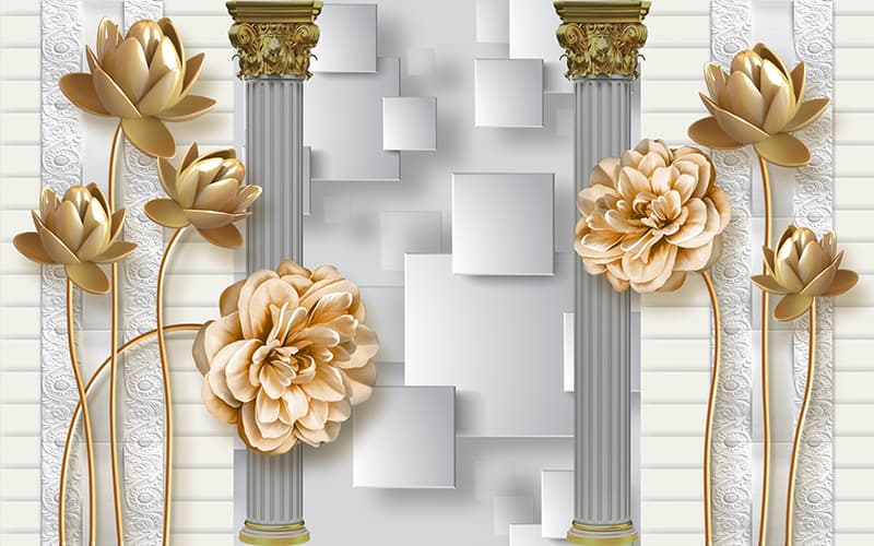 پوستر دیواری سه بعدی گل طلایی و ستون کلاسیک
