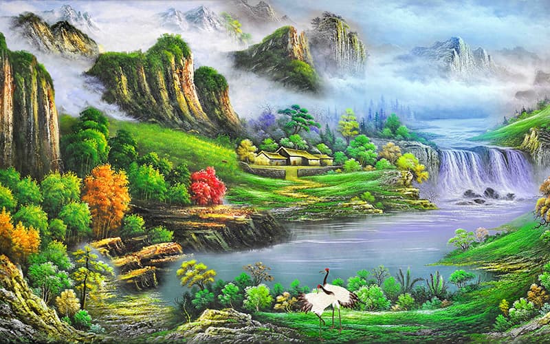 پوستر دیواری منظره بهشتی کوهستان و آبشار