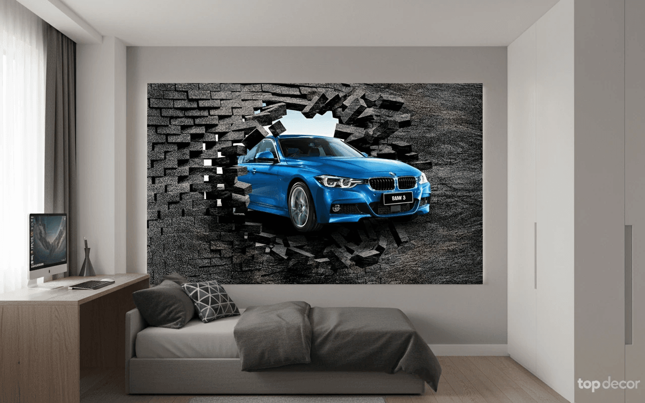 پوستر دیواری سه‌بعدی BMW آبی با افکت شکستن دیوار — تصویر ۳