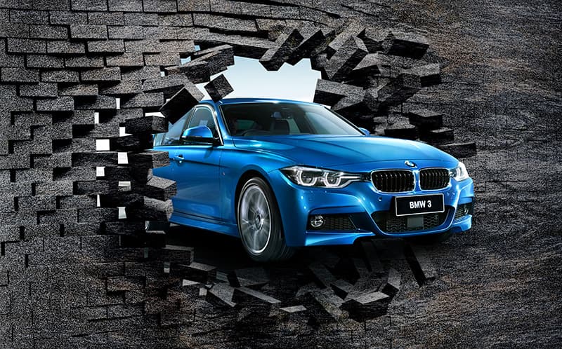 پوستر دیواری سه‌بعدی BMW آبی با افکت شکستن دیوار