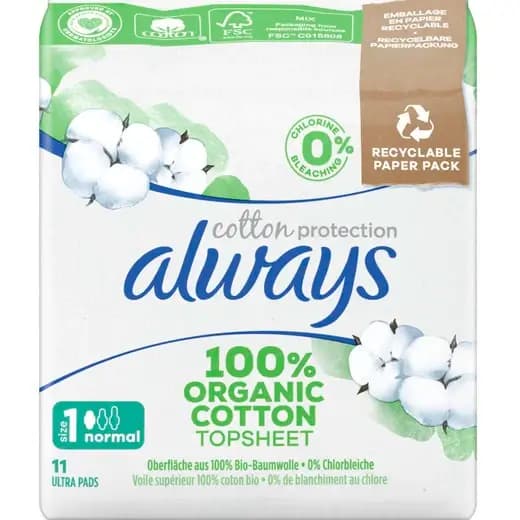 نوار بهداشتی آلویز رویه پنبه ارگانیک سایز ۱ – بسته ۱۱ عددی Always Cotton Protection