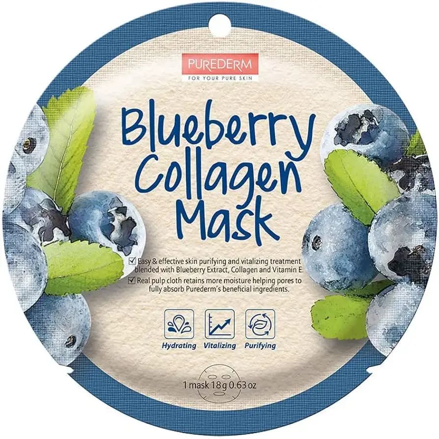 ماسک ورقه‌ای صورت بلوبری و کلاژن پیوردرم آبرسان متمرکز و احیا کننده ۱۸ گرم Purederm Blueberry Collagen Mask